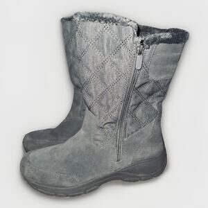 Lands’ End Winter Zip Mid Boots Gray Womens US 8 EU 38.5 Quilted Suede Fur-Lined